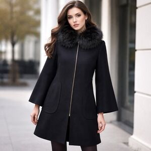 ZARA Jacket Womens Medium Black Duffle Coat  Fur‎  Collar Wool Blazer Full Zip